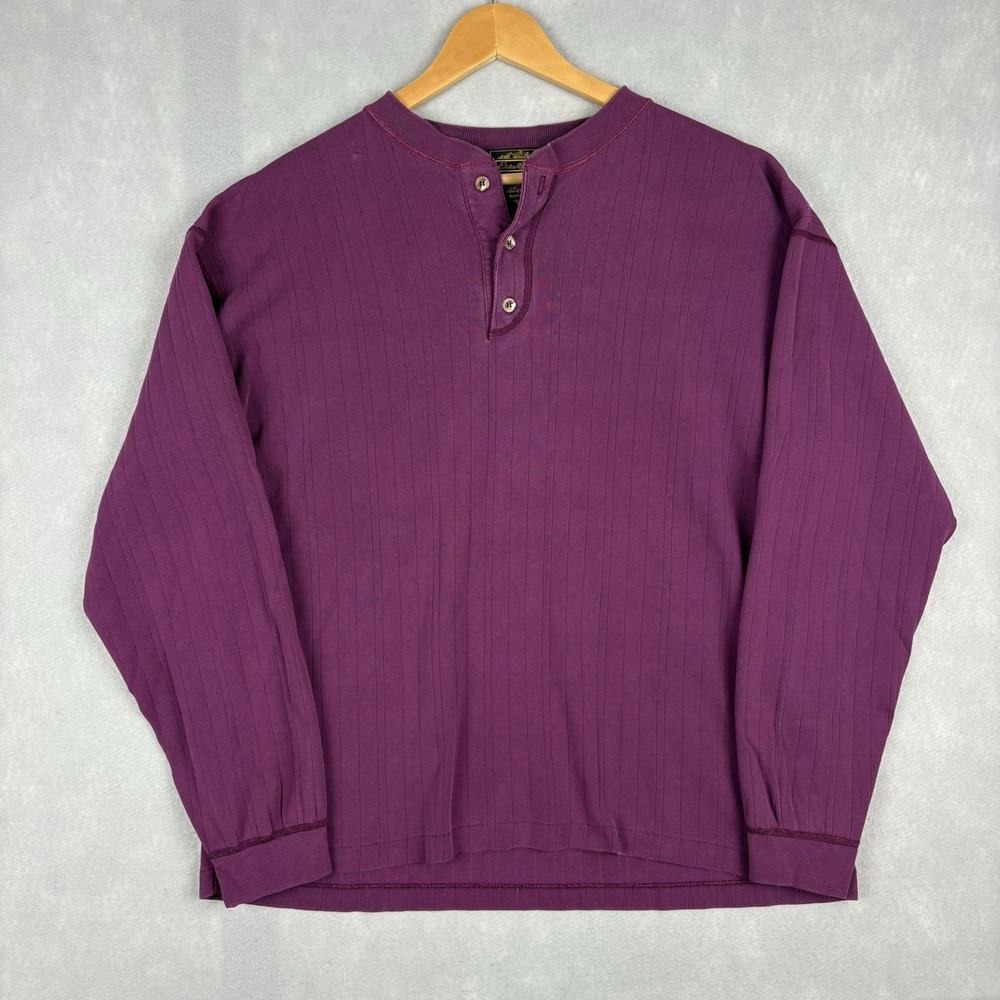 Vintage Eddie Bauer Henley Shirt Men’s Large Purple Ribbed Knit Made In USA 80s